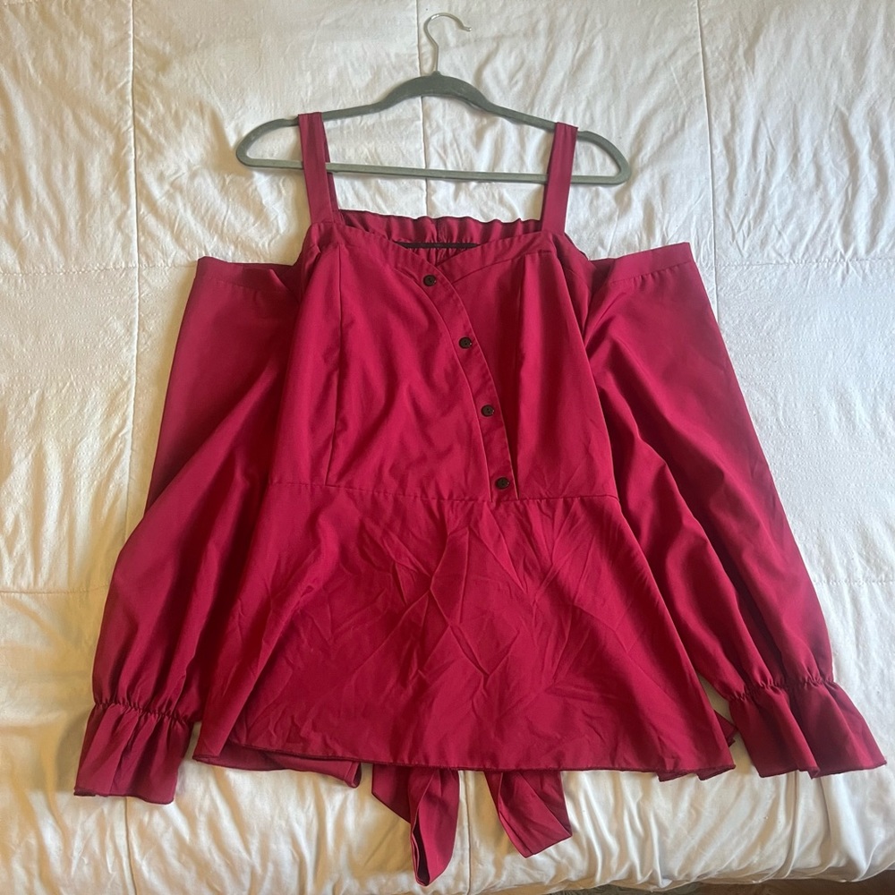 Red off the shoulder sleeve blouse with buttons